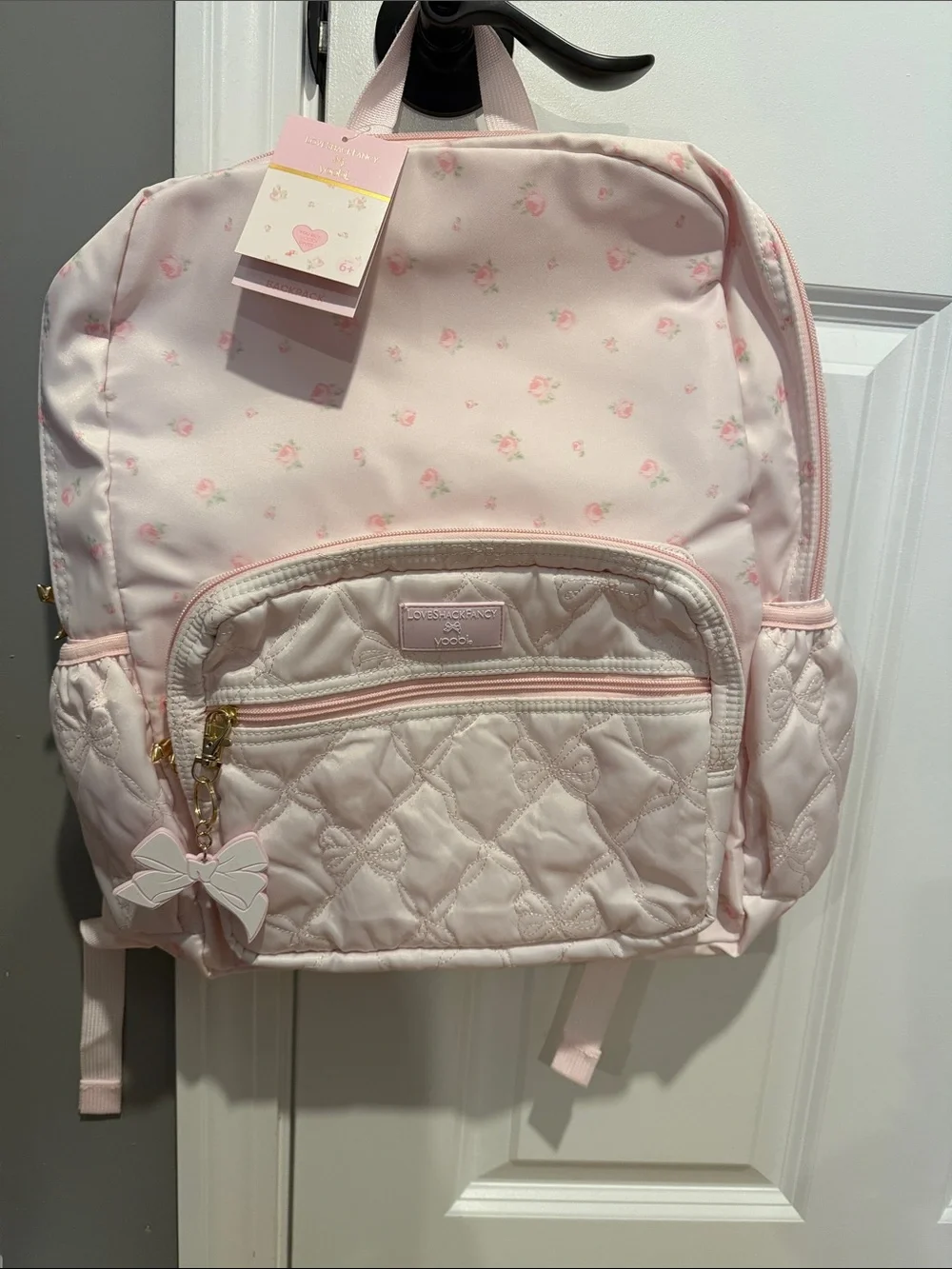 LoveShackFancy Blush Quilted Bow-Embellished Backpack